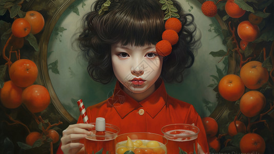 橘子糖穿红色衣服喝果汁的卷发女孩插画