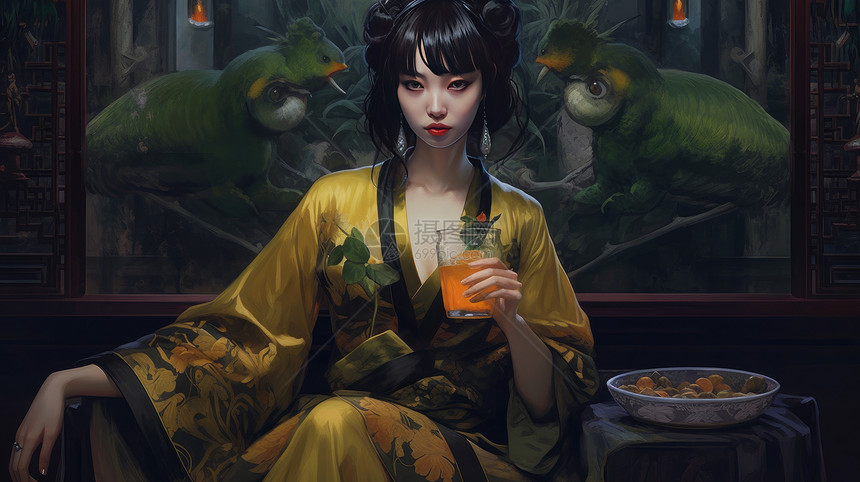 手拿透明玻璃杯果汁饮料的女人图片