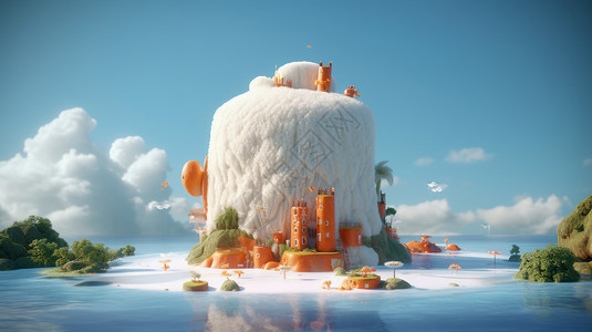 在大海上梦幻卡通橙色云朵小岛背景图片