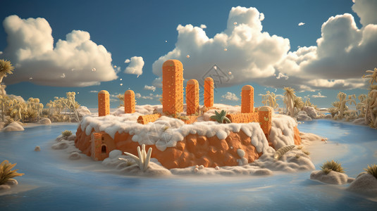 梦幻沙漠之水梦幻卡通橙色小岛与云朵插画
