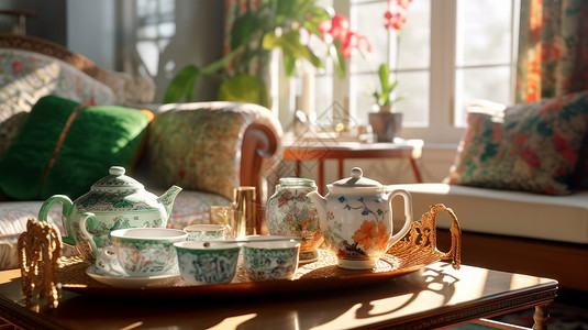 复古陶瓷咖啡壶在客厅漂亮的复古陶瓷茶具插画