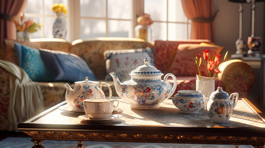 红花茶红巧梅客厅茶几上放着漂亮的蓝红花复古陶瓷茶具插画