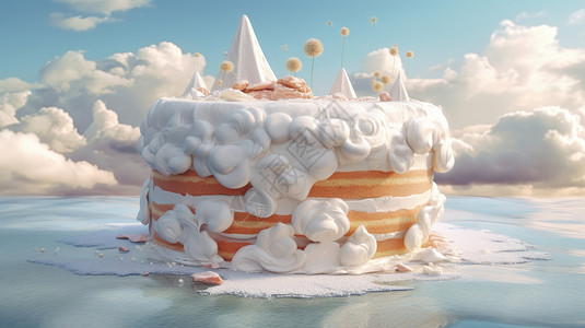 梦幻巨大的白色奶油蛋糕岛高清图片