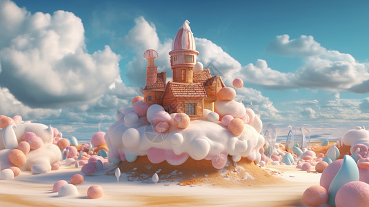 云上的房子在蓝天下梦幻糖果岛屿上的小房子插画