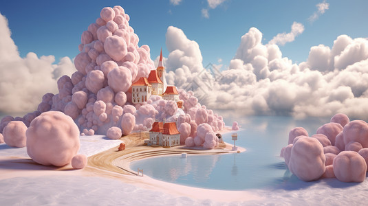 大海边粉色在沙滩上卡通立体小房子背景图片