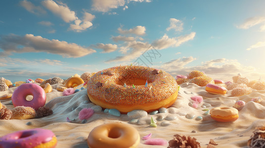 美味各种样的甜甜圈在沙滩上背景图片
