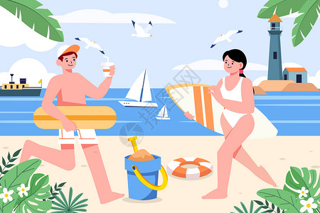 冲浪的情侣夏季夏至海边情侣插画