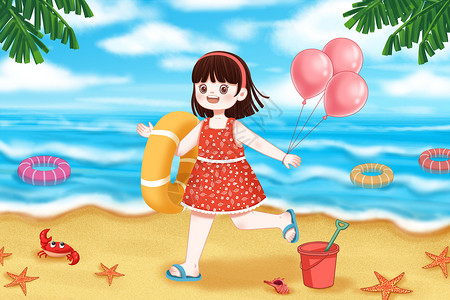夏天海边玩耍的女孩图片
