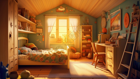 主题房间阳光照进有大床的温馨卧室插画