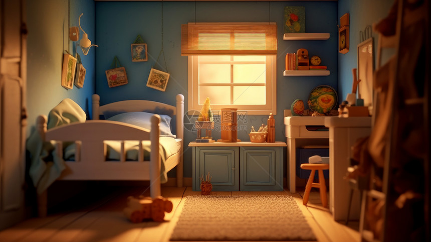 蓝色主题立体卡通温馨的大床卧室图片