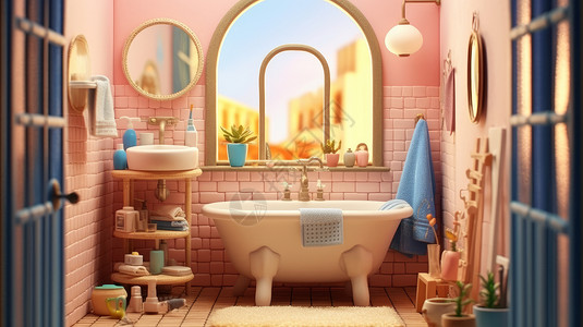 粉色浴室粉色主题立体粘土风卡通浴室插画