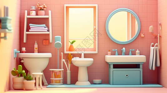 立体卡通浴室可爱的粉色主题洗漱间粘土风立体卡通插画