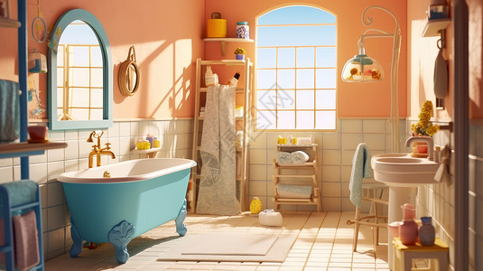 粉色浴室可爱的蓝色浴盆立体卡通浴室有窗插画