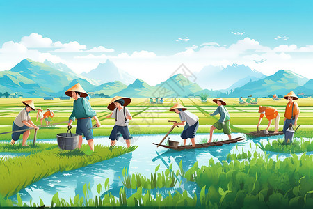 犁过的田地农村农民开耕种田水稻插画