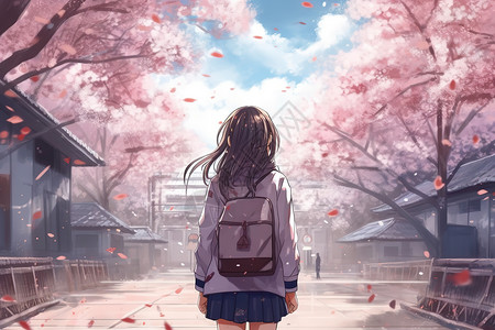 春天满天樱花少女背影背景图片