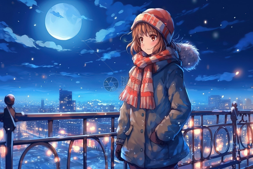 冬季黑夜女性动漫卡通背景图片