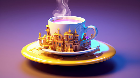 热饮茶立体城堡房子卡通咖啡杯插画