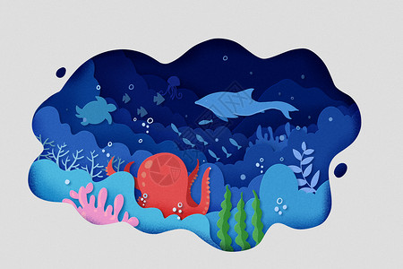 手绘剪纸世界海洋日海洋环保海底世界背景图片
