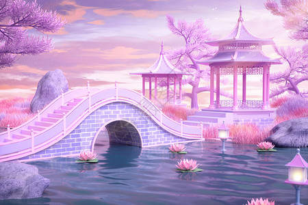 紫色夜桥唯美古风场景设计图片
