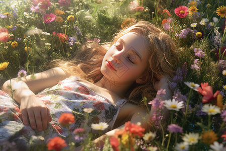 可爱小女孩躺在鲜花盛开草地图片