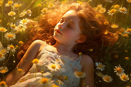 可爱小女孩躺在鲜花盛开草地背景图片