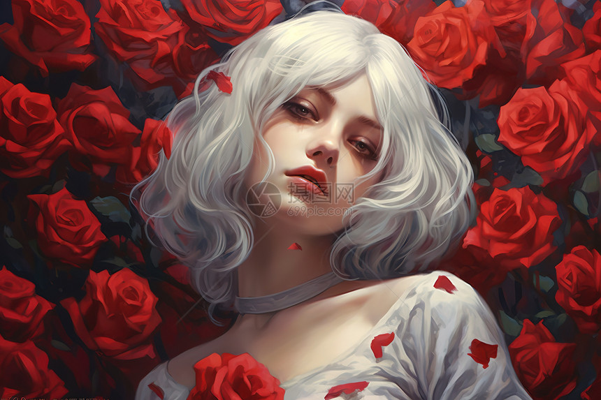 插画艺术白色头发的女孩红玫瑰背景图片