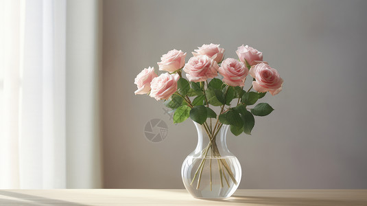 花瓶透明素材放在桌子上的粉色玫瑰花花束插画