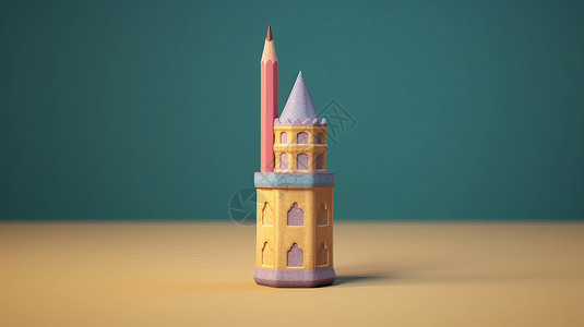 彩色笔筒在可爱的立体卡通小房子笔筒中粉色铅笔插画