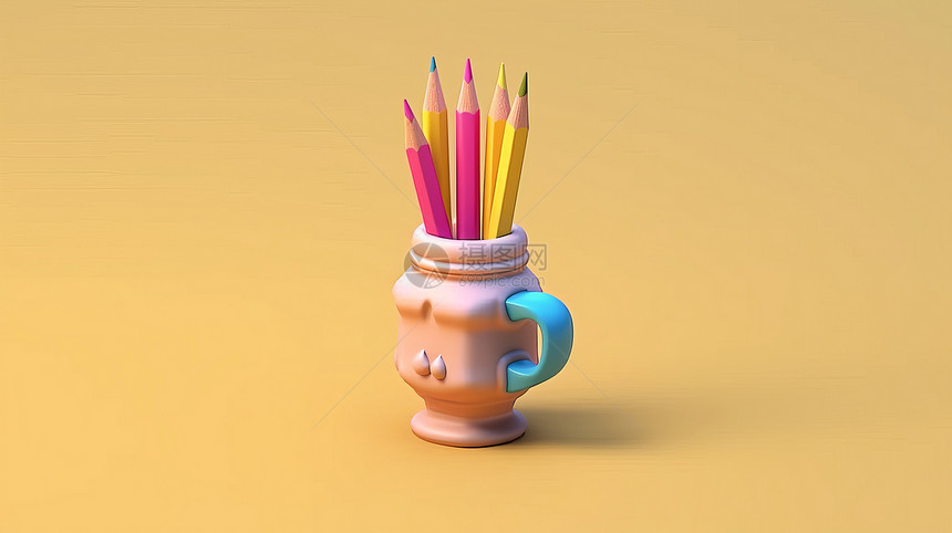 在粉色茶杯笔筒中的彩色铅笔图片