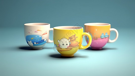彩色茶杯三个可爱的彩色卡通陶瓷马克杯插画