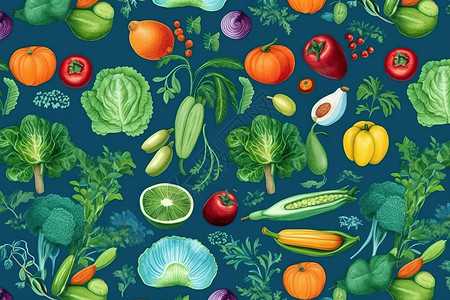 绿色蔬菜水果插画蔬菜水果平铺背景插画