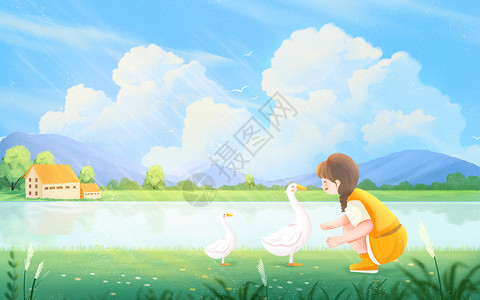 小清新夏天夏至小女孩和小鸭子插画风景背景图片