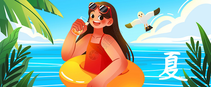小暑节气海边的少女扁平风插画banner背景图片