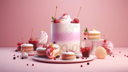 水果奶油糕点立体美味的蛋糕模型场景设计图片