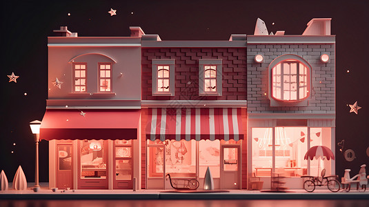 立体商铺街道商铺粉色清新立体建筑风景模型场景插画
