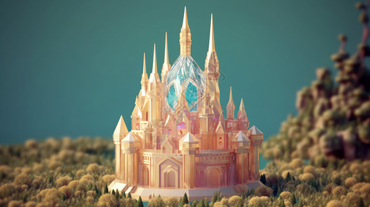 迪士尼公主在森林中的粉色卡通水晶城堡插画