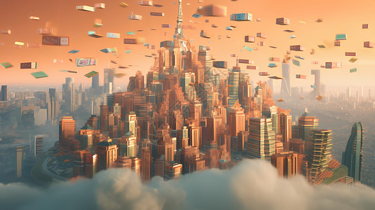 纸飞机科技城市未来超现实3D场景模型插画