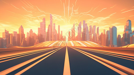 手绘插画夕阳下的城市背景场景背景图片