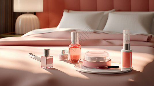 酒店床单卧室在粉色床上的护肤套装精华插画