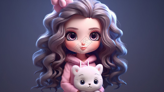 卡通美女抱花穿粉色卫衣抱着毛绒宠物的可爱立体卡通女孩插画
