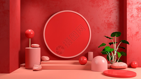红色几何球体通用几何展台设计图片