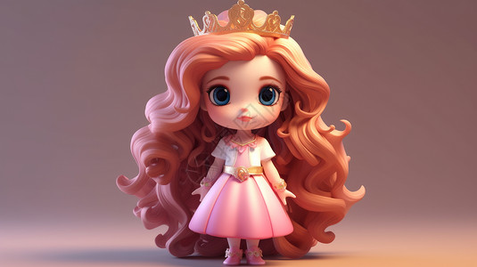 立体粉色皇冠金色长卷发戴皇冠的立体卡通小公主插画