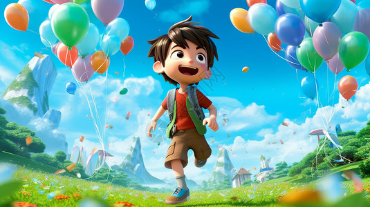 彩色领带奔跑在草坪上开心的立体卡通小男孩插画