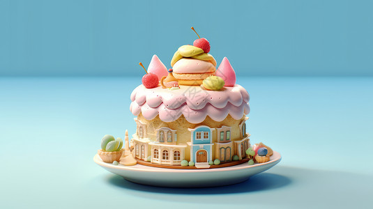 水果房子盘子里放着卡通房子立体卡通奶油蛋糕插画