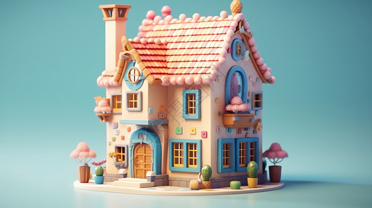 欧式房屋可爱的粉色屋顶与蓝色窗子卡通小房子插画