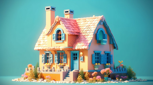 欧式房屋粉色屋顶旁边种满鲜花的可爱卡通房子插画