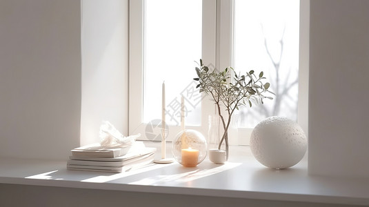 玻璃烛台阳光白色简约窗台摄图室内图插画