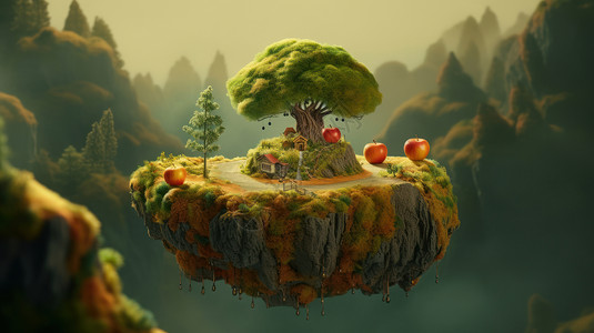 科幻卡通悬浮的空岛上有一棵超大的树与小小房子图片