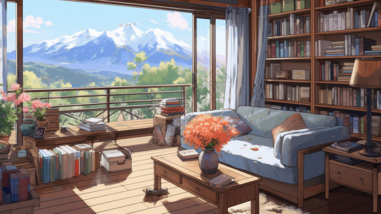 外阳台卡通书房客厅超大窗子外雪山景色插画