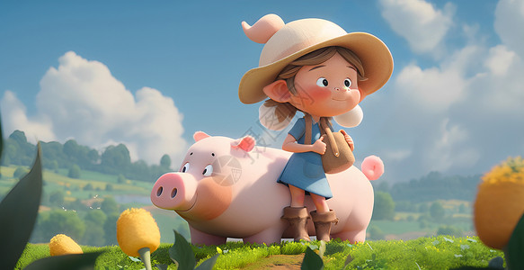 可爱风儿童和小猪田园清新3D立体夏天卡通人物背景图片
